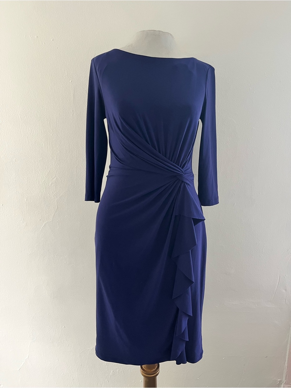 Ralph Lauren Royal Blue Ruched Side Cascade Midi Dress